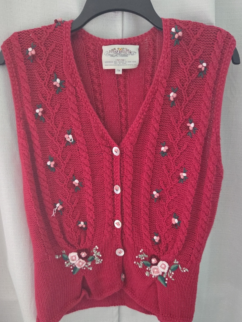 Susan Bristol Red Embroidered Cable Knit Vest